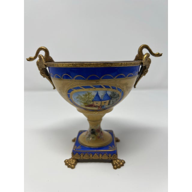 Mid 20th Century Mid 20th Century French Limoges Neoclassical Porcelain Urn With Gilt Bronze Swan Handles For Sale - Image 5 of 12