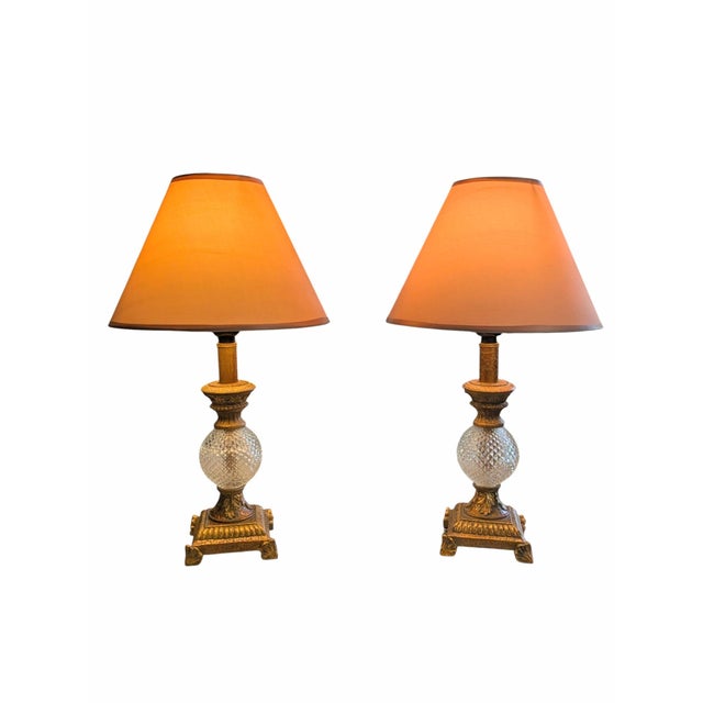 Hollywood Regency Gilded Gold and Faux Crystal Lamps With Pink Lampshades- A Pair For Sale - Image 14 of 18