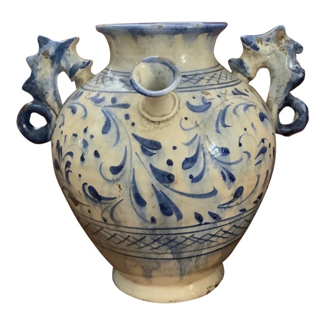 Mid 19th Century Large Italian Glazed Pottery Vase. With Seahorse Handles. Made in Tuscany for Fortunata For Sale