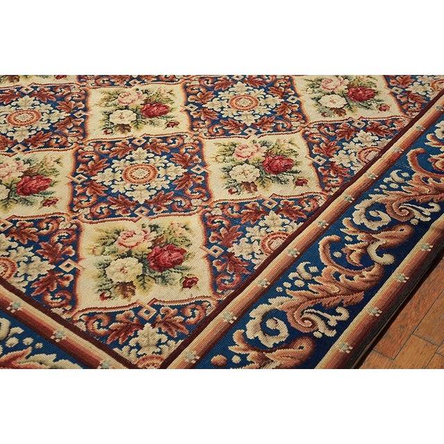 1850s Blue Floral Diamond Antique European Needlepoint Rug 12'8" X 14'0" Handwoven Wool Carpet For Sale - Image 4 of 4