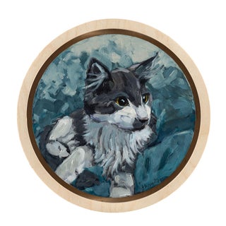 New Surroundings by Deb Komitor | Oil On Birch Panel Painting of a gray and white cat. For Sale