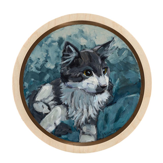 New Surroundings by Deb Komitor | Oil On Birch Panel Painting of a gray and white cat. For Sale