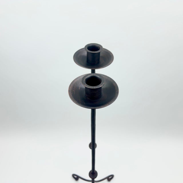 2020s Hand Forged Iron Candelabra Pair (105cm) Antique Copper Tapered Stem with Scroll Base For Sale - Image 5 of 8