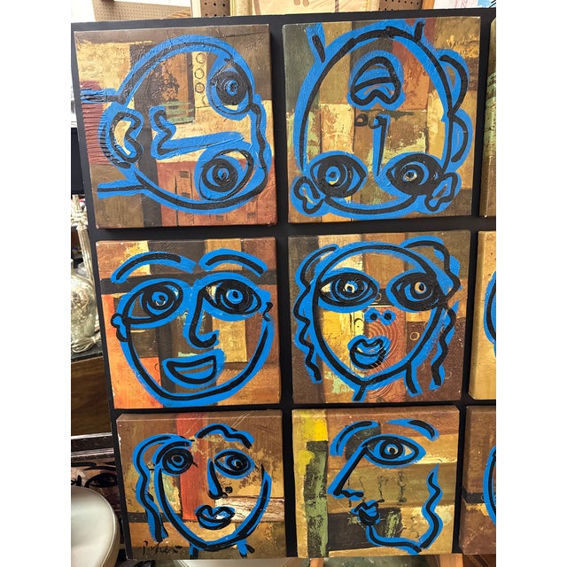 Abstract 1970s Peter Keil Large Blue 9 Faces Abstract Painting For Sale - Image 3 of 8