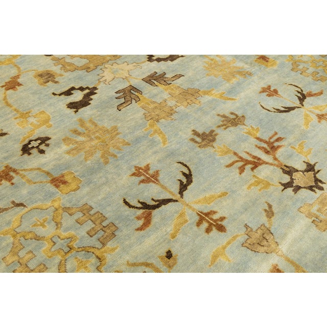 Modern Hand-Knotted Oushak Style Wool Area Rug in Soft Sky Blue and Ochre Gold For Sale - Image 11 of 12
