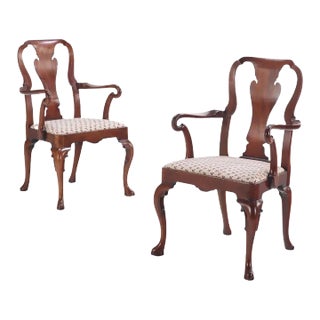 A Pair of American Queen Anne Style Mahogany Open Arm Chairs, C 1960. For Sale