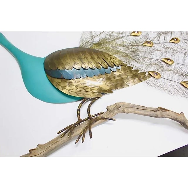Curtis Jere Brass Blue Peacock on Branch Wall Sculpture For Sale - Image 4 of 6