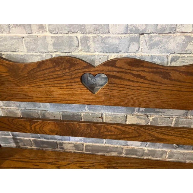 American Mid 20th Century Early American Primitive Oak Bench With a Heart Carved in the Backrest For Sale - Image 3 of 7