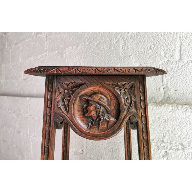 Antique Plant Stand with Carved Portraits in Oak, 1890s For Sale - Image 6 of 14