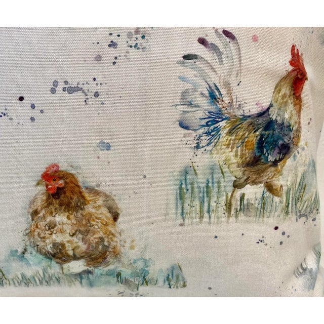 Farmhouse 20” Square Pillow Adorned With a Chicken & Rooster Print - Made in U K For Sale - Image 3 of 11