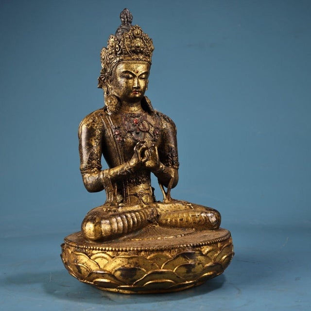 Gilt Bronze Seated Maitreya Buddha Statue For Sale - Image 4 of 9