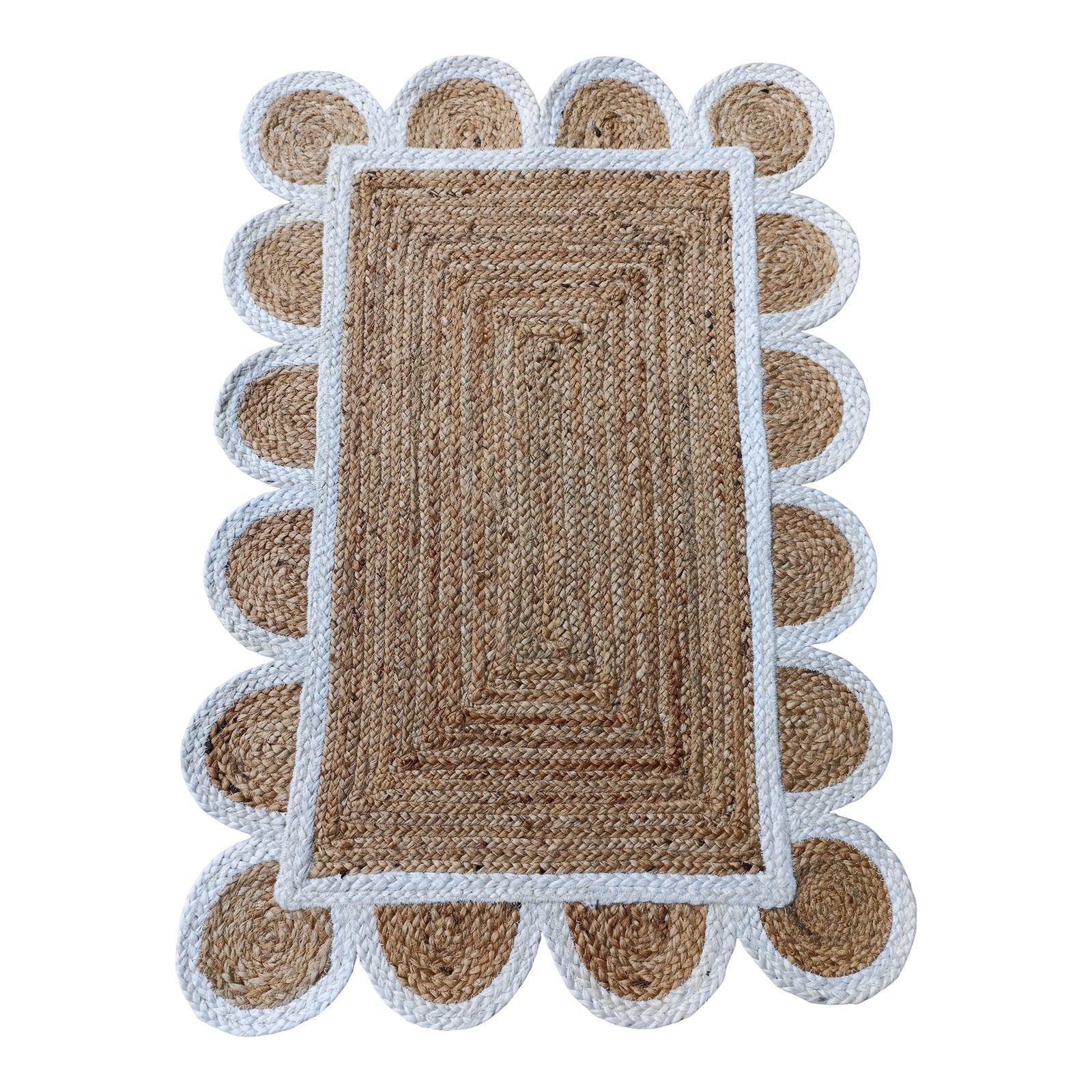 Handwoven Natural Jute Bath Rug With White Scalloped Border | Chairish