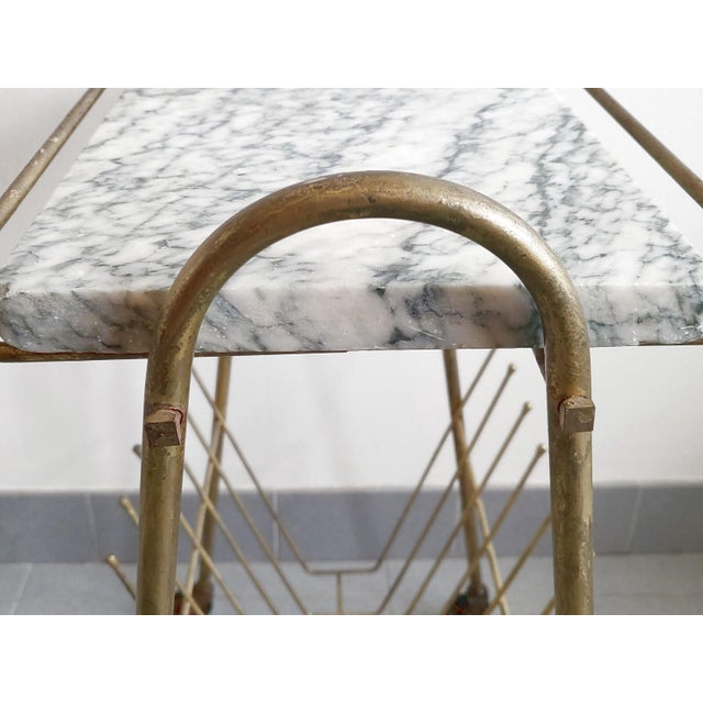 Metal Vintage Brass and Marble Rolling Magazine Rack, 1950s For Sale - Image 7 of 13