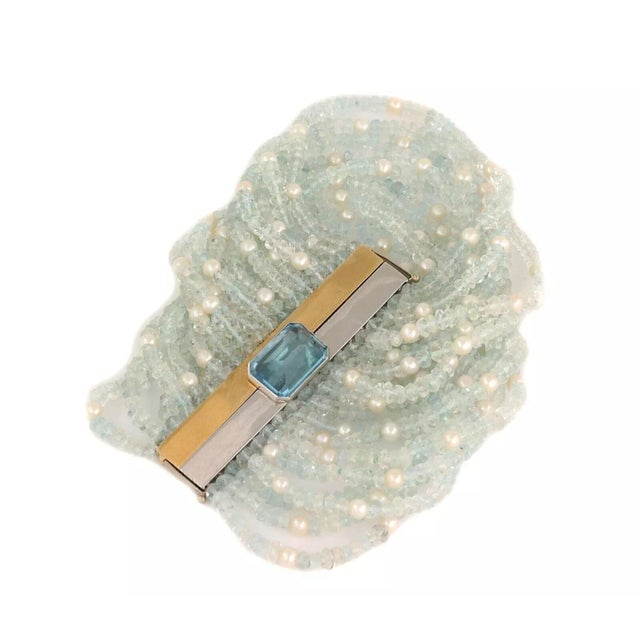 Blue Topaz Aquamarine Pearls 18k Gold Multi-Strand Bead Bracelet For Sale - Image 4 of 4