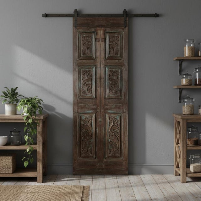 1920s Vintage Floral Carved Wood French Doors | Reclaimed Wood Hinged or Sliding Doors 80x28 For Sale - Image 5 of 5
