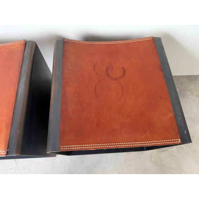 Animal Skin Vintage Postmodern Steel & Saddle Leather Cube Ottomans – A Pair/ Sold For Sale - Image 7 of 12