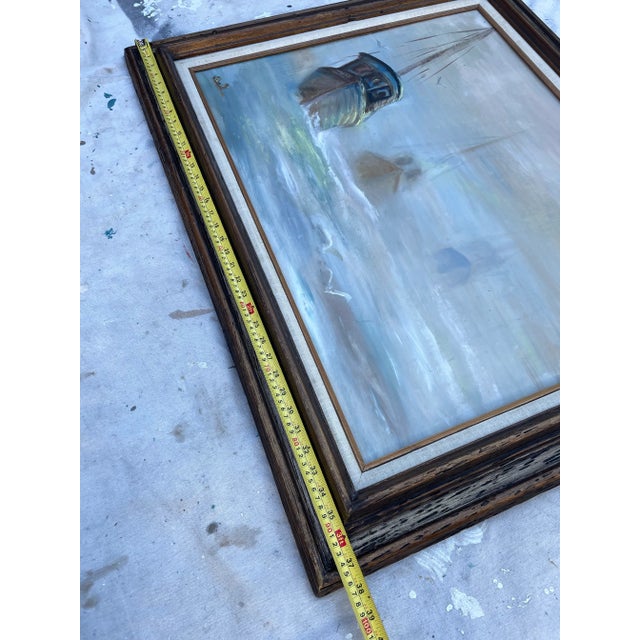 Paper Nautical Seascape Fishing Boats Framed Vintage Oil on Board For Sale - Image 7 of 9