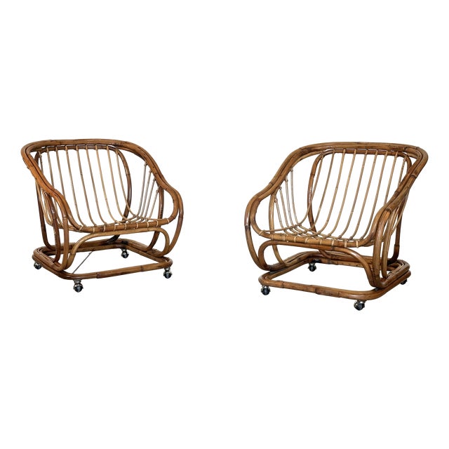 Rattan and Bamboo Armchairs, 1970s, Set of 2 For Sale