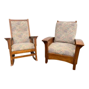 Vintage Arts and Crafts Style Oak Morris Chair and Rocker Arm Chair Set- 2 Pieces