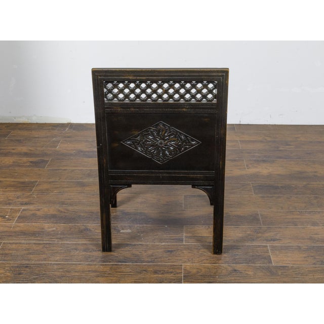 Set of 12 Moroccan Ebonized Carved Wood Armchairs with Leather Seats, circa 1900 For Sale - Image 9 of 12