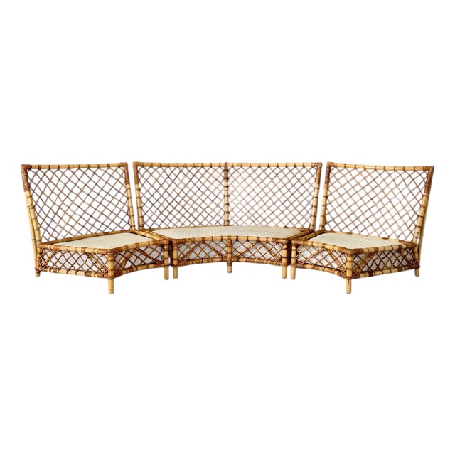Vintage Refinished Organic Modern Coastal Three-Piece Curved Rattan Sectional Sofa Set For Sale