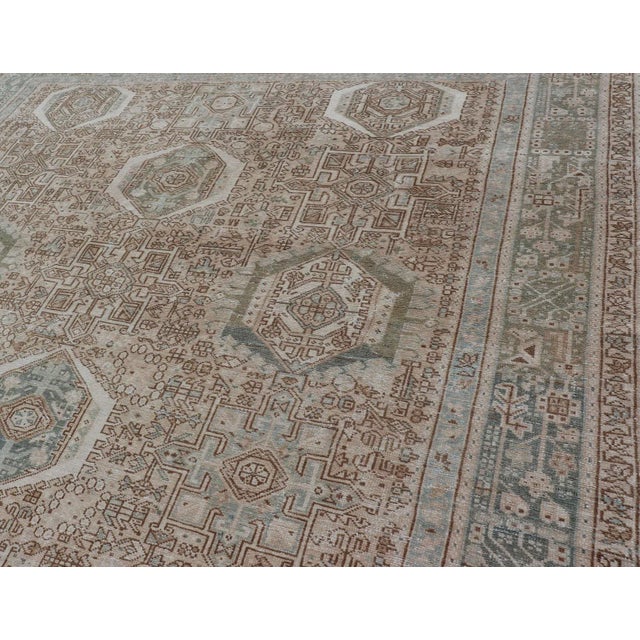 Vintage Persian Heriz Rug With All-Over Medallion Design in Tan and Blues 9'4 X 12'10 For Sale - Image 12 of 14