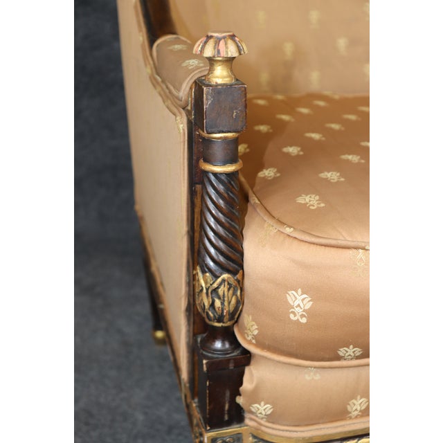 Pair Louis XVI Style Carved With Gilt Accent Wing Back Bergère Chairs For Sale - Image 12 of 15