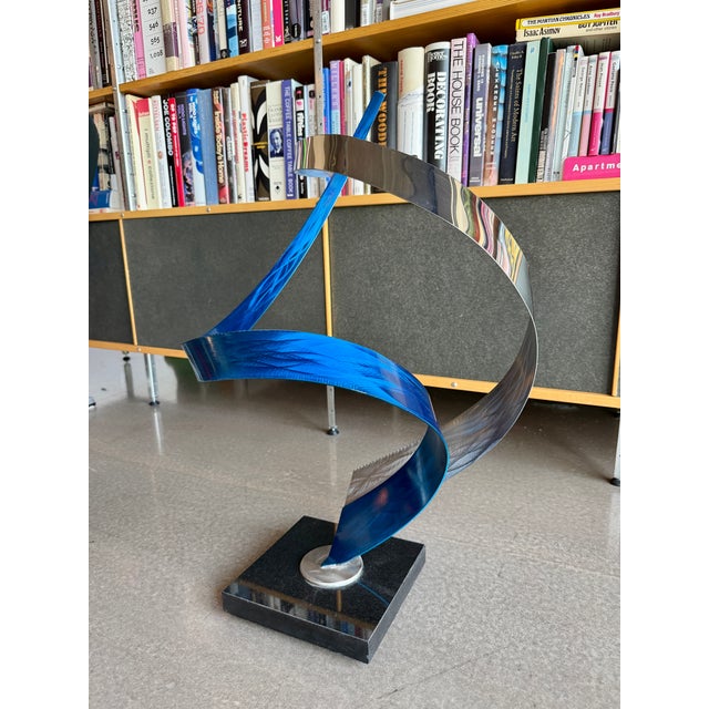 Large Modern Metal Ribbon Chrome Blue Sculpture Marble Base Brutalist Kinetic For Sale - Image 10 of 16