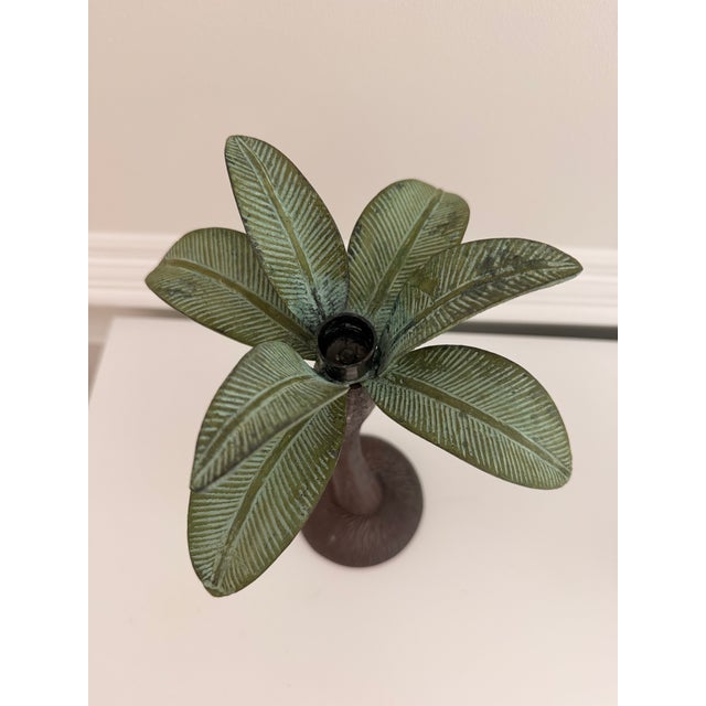 1970s Vintage Cast Metal Palm Tree Taper Candle Holders – Pair | Tropical Coastal Hollywood Regency For Sale - Image 5 of 6