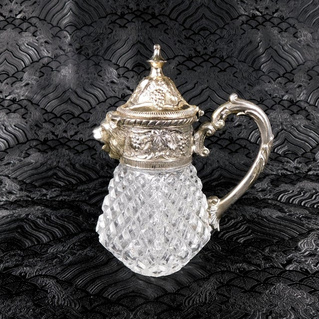 Transparent 1920s Crystal Syrup Pitcher, Milk Jug, Creamer With Metal Lid With Animal Head Spout For Sale - Image 8 of 10