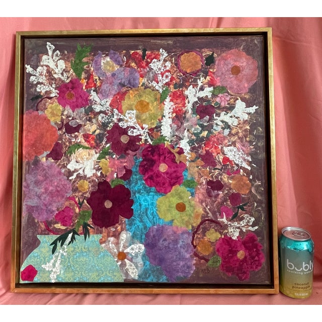 Roberta Pruett Beasley Signed Original Mixed-Media Floral Collage Painting, Framed, 20.75" For Sale - Image 13 of 15