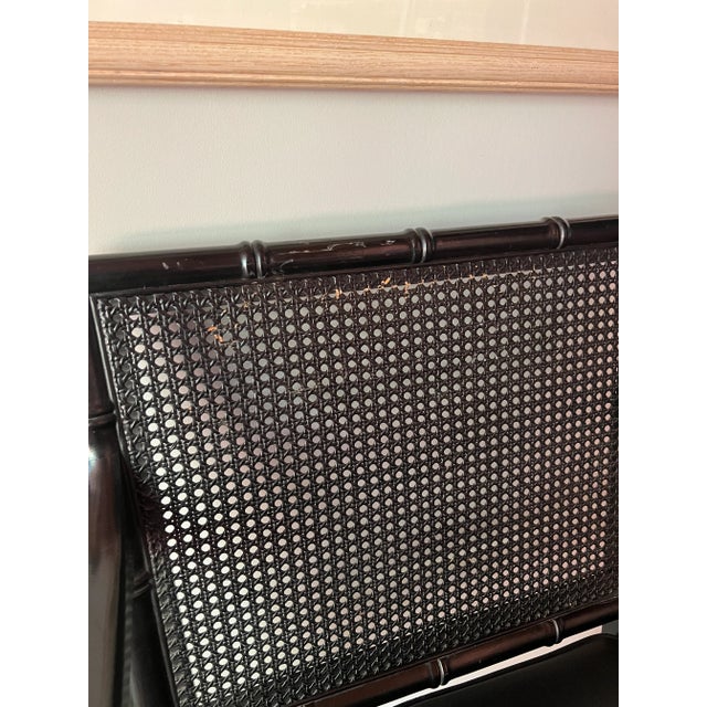 Pair, Regency Style Ebonized Faux Bamboo, Leather & Cane Back Armchairs For Sale - Image 9 of 9