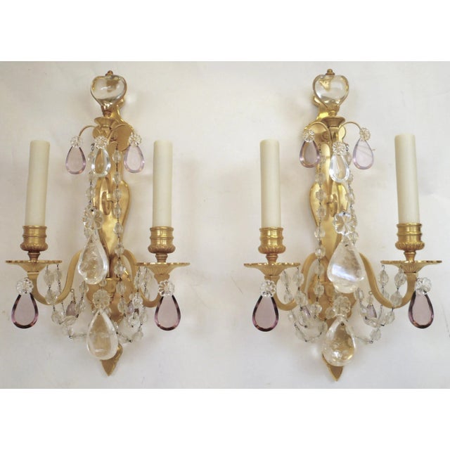 Gold French Gilt Bronze Sconces with Rock Crystal and Amethyst Prisms - A Pair For Sale - Image 8 of 13