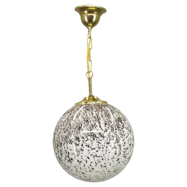 Brass and Marble Glass Globe Pendant Light, Czechoslovakia, 1970s For Sale - Image 9 of 9
