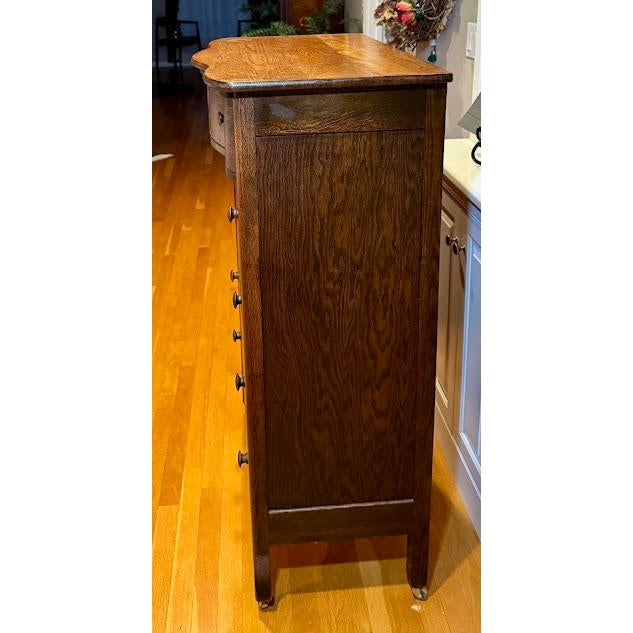 Brown Antique Tiger Oak Serpentine Tallboy Dresser - 6 Drawer For Sale - Image 8 of 11