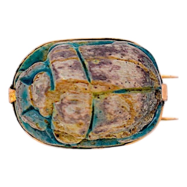 Authentic Ancient Egyptian Scarab Amulet Brooch - Carved Hieroglyphs - Gold For Sale
