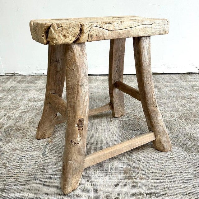 Vintage Rustic Elm Wood Stool | Chairish