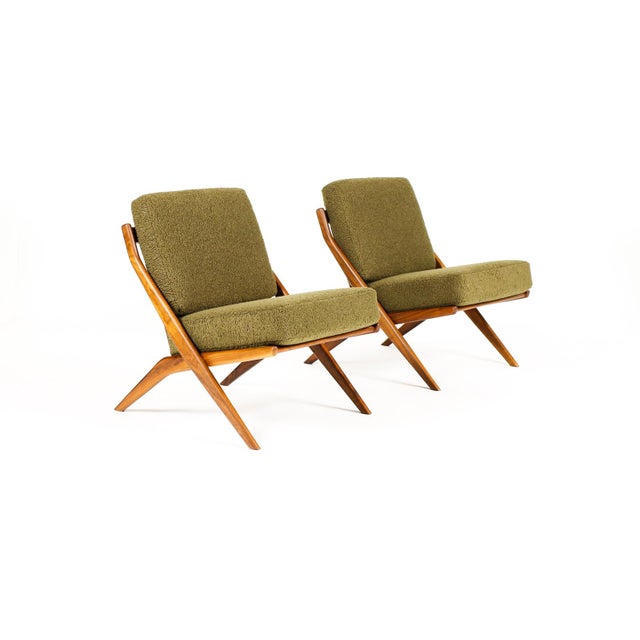 #2205 — Danish Modern / Mid Century Walnut Scissor Lounge Chairs — Folke Ohlsson for Dux — Olive Bouclé Fantastic specimen...