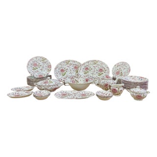 English Porcelain Dinner Service with Rose Chintz Pattern from Johnson Bros., Set of 47 For Sale