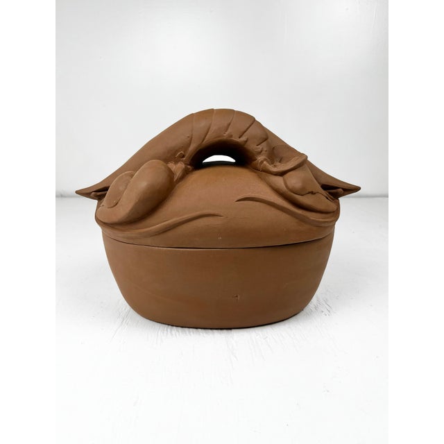 Vintage Swan Island Designs Maine pottery covered dish. Brown clay lobster tureen. Lobster tail handle in a sculptural,...