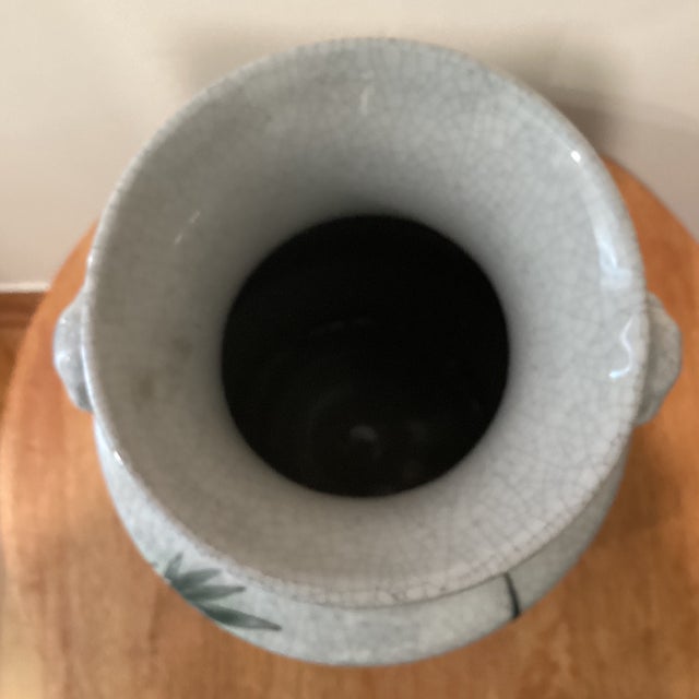 Light Gray Vintage Chinese Hand-Painted Crackled Glaze Vase W/Foo Dogs Handles Calligraphy & Stamps For Sale - Image 8 of 12