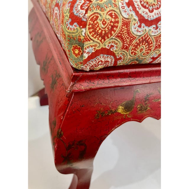 Vintage George II Style Red Chinoiserie Lacquer Bench / Upholstered Ottoman For Sale - Image 9 of 15