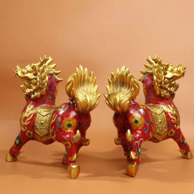 Metal Late 19th Century Pair of Cloisonné Enamel Qilin Statues, Gilt Bronze Figures, 2.64kg For Sale - Image 7 of 9