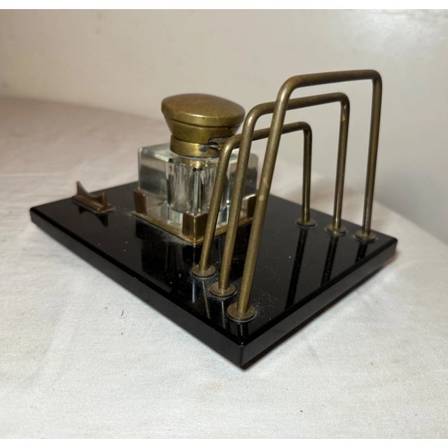 Antique Black Glass Bronze Brass Desk Inkwell Jar Letter Pen Holder Stand For Sale - Image 10 of 10