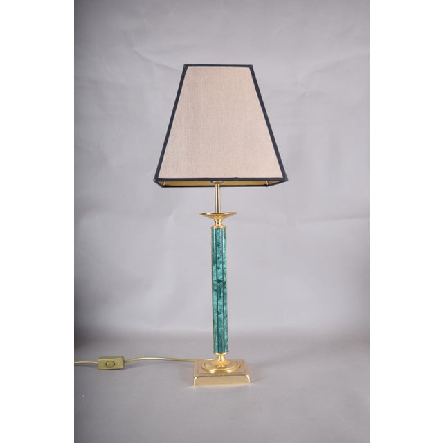 Green Malachite-Style Column Table Lamp with Structured Shade, 1980s For Sale - Image 4 of 12