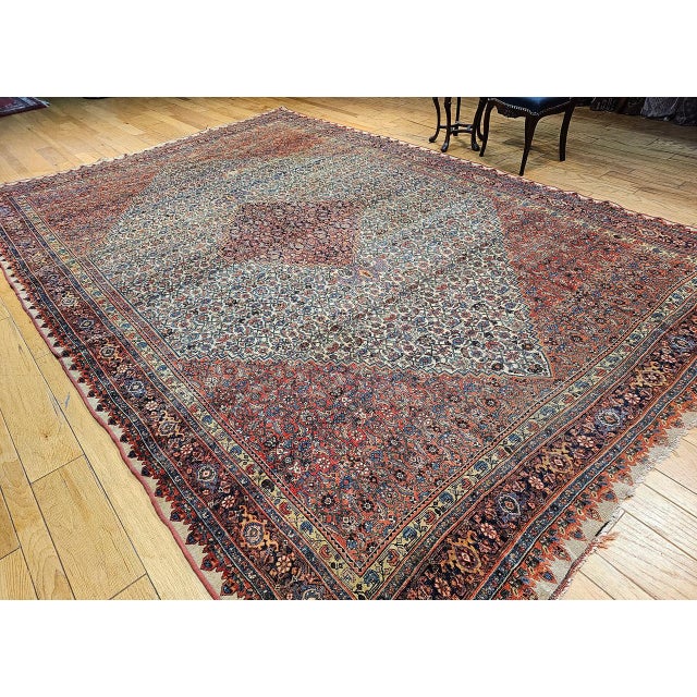 19th Century 19th Century Persian Bidjar Rug, Hand-Knotted Wool, Herati Geometric Pattern, Ivory & Red, 10x14 For Sale - Image 5 of 18