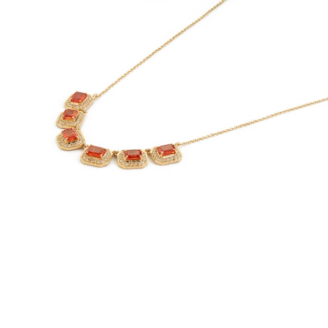 VR Jewels 14k Yellow Gold 2.67ct Emerald-Cut Orange Sapphire Diamond Halo Station Necklace For Sale - Image 4 of 16