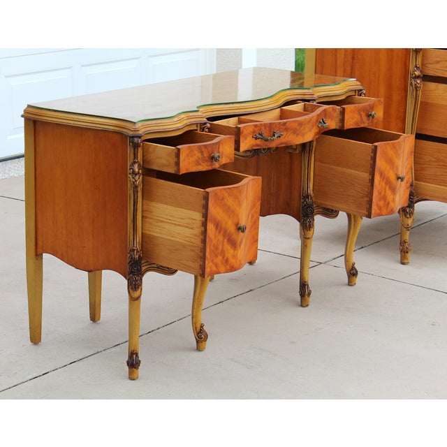 Magnificent Vintage French Provincial Louis XV Rococo Satinwood & Burl Wood Vanity and Tall Boy Chest Set For Sale - Image 12 of 18