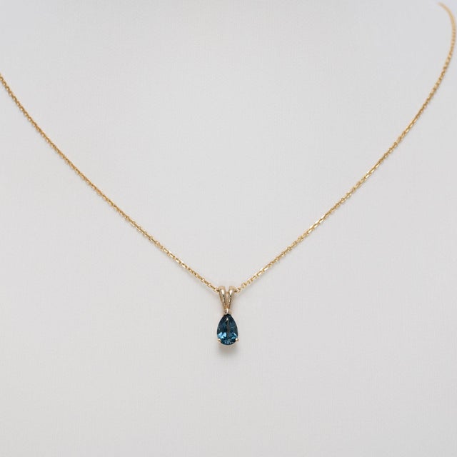 London Blue Topaz Solitaire Pendant in Solid 14k Gold - Pear, 6x4mm For Sale - Image 4 of 7