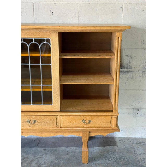In Style of Henning Kjærnulf Oak High Sideboard Credenza With Sliding Leaded Glass Doors Danish Mid-Century Modern 1970s For Sale - Image 11 of 11